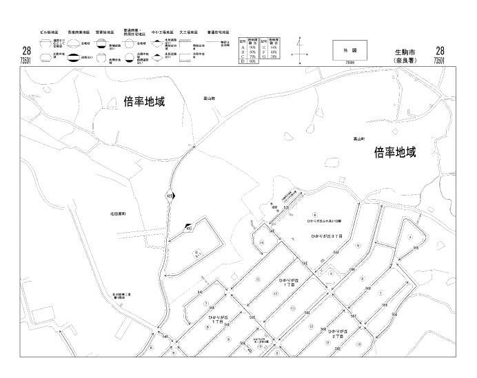 路線価図の例（路線価地域と倍率地域の両方が載っている例）