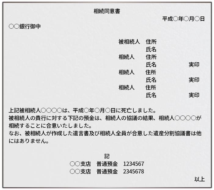 預金口座の相続同意書の文例