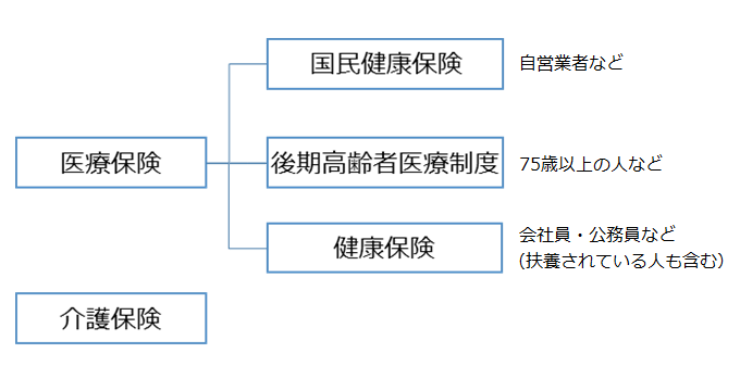 医療保険（国民健康保険、後期高齢者医療制度、健康保険）と介護保険